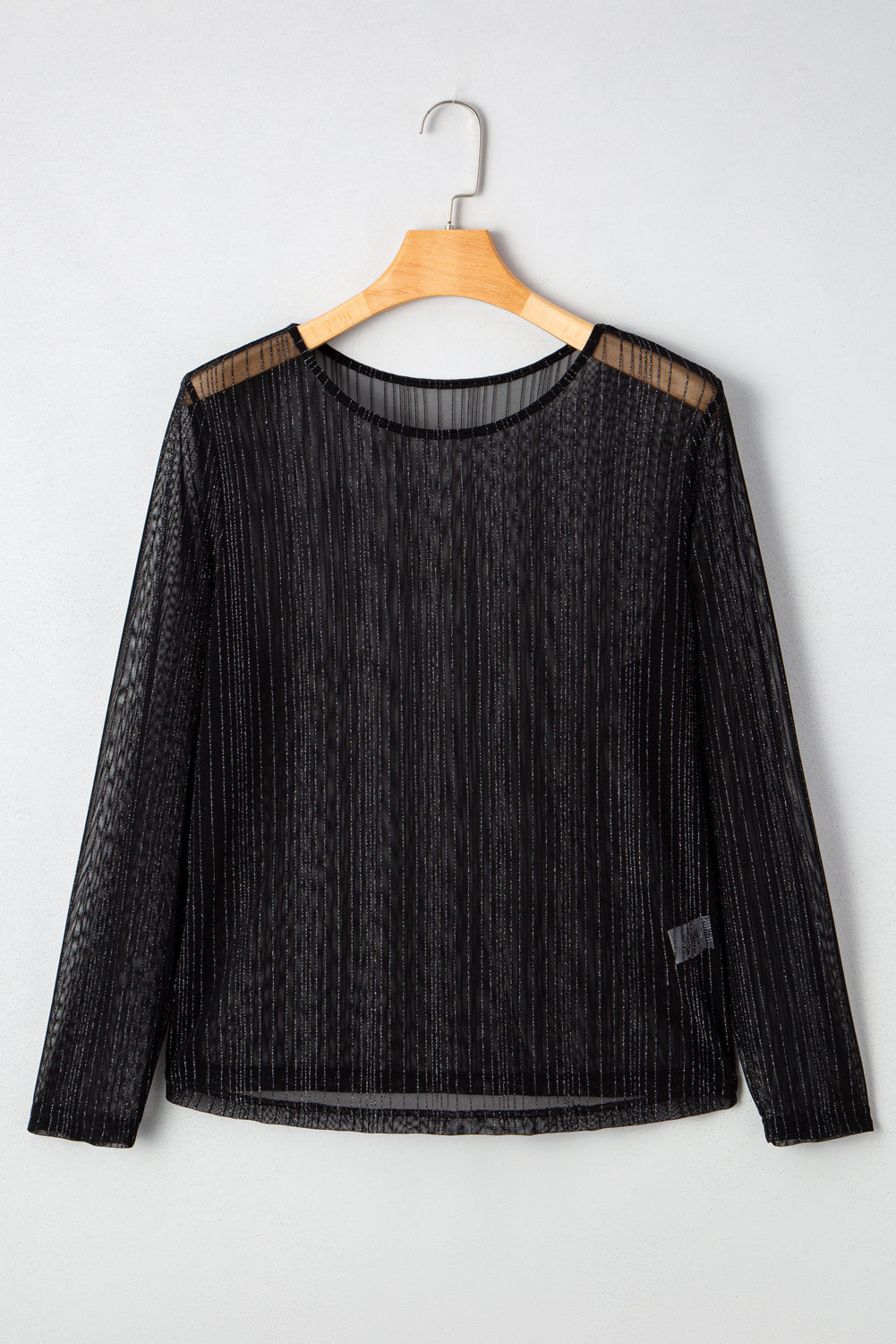 Black Plus Size Shimmer Textured Mesh Fitted Long Sleeve Top