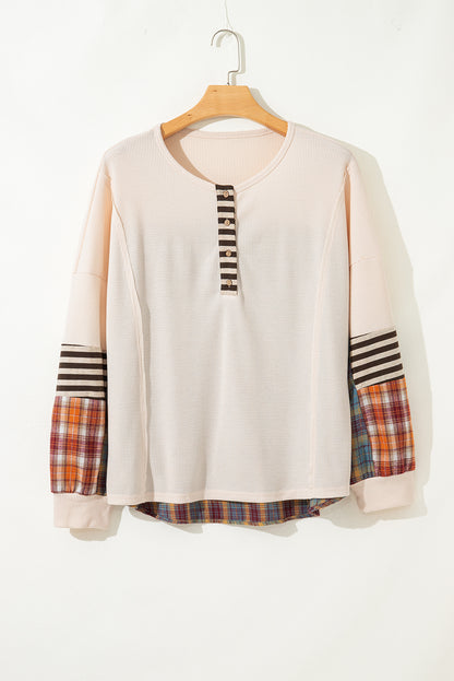 Parchment Plus Size Waffle Colorblock Striped Plaid Patchwork Half Button Pullover