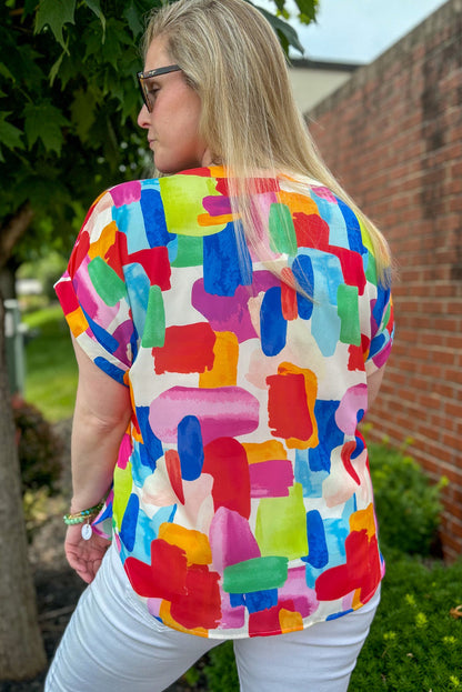 Colorful Brush Stroke Printed Plus Size Button Split Neck Blouse