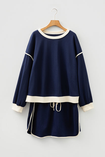 Navy Blue Plus Color Block Drop Shoulder Top and Lace-up Skirt Outfit