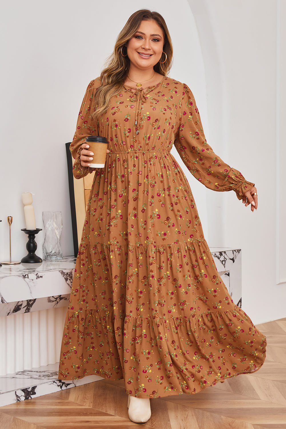 Brown Plus Size Floral Split V Neck Ruffled Sleeve Tiered Maxi Dress