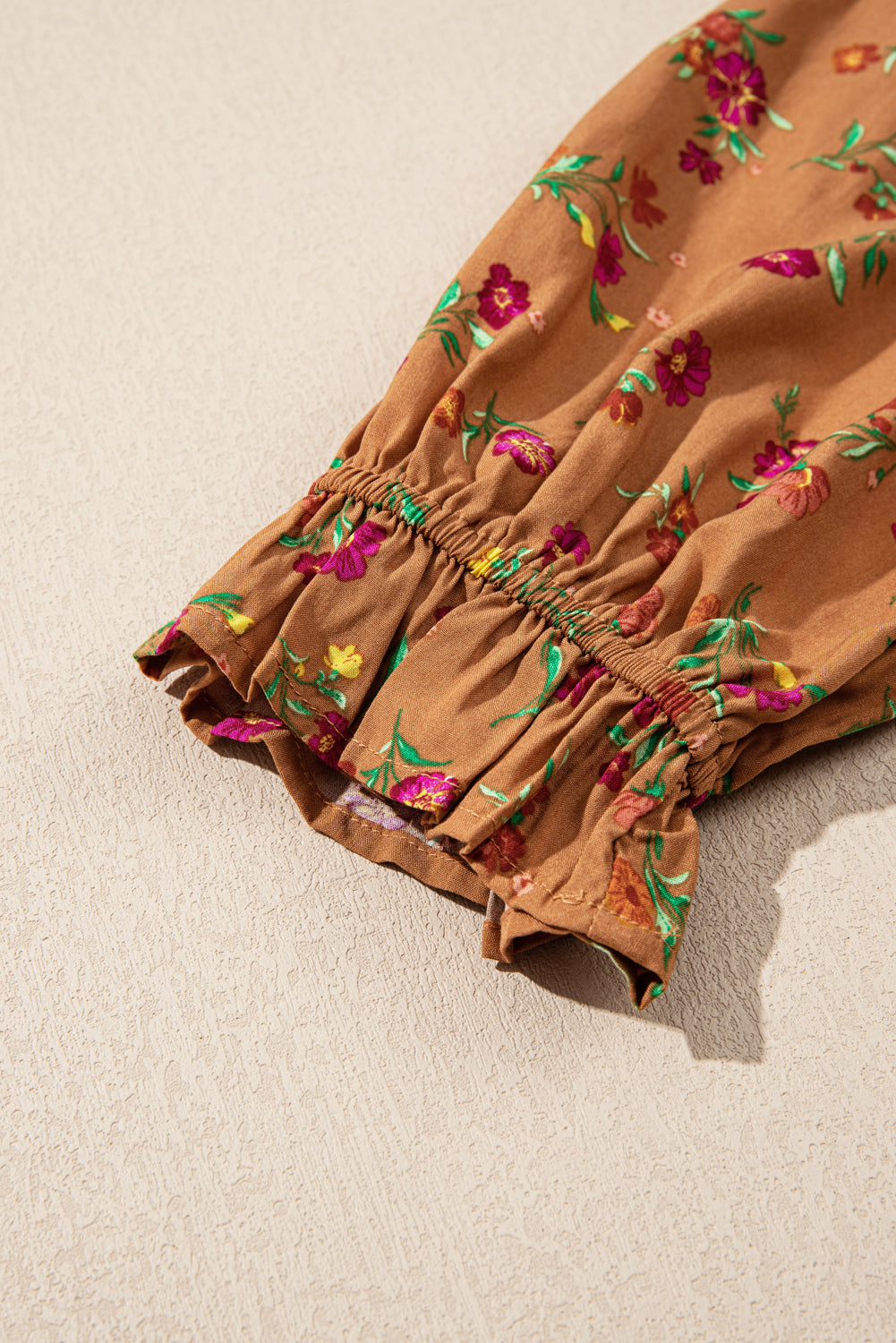 Brown Plus Size Floral Split V Neck Ruffled Sleeve Tiered Maxi Dress