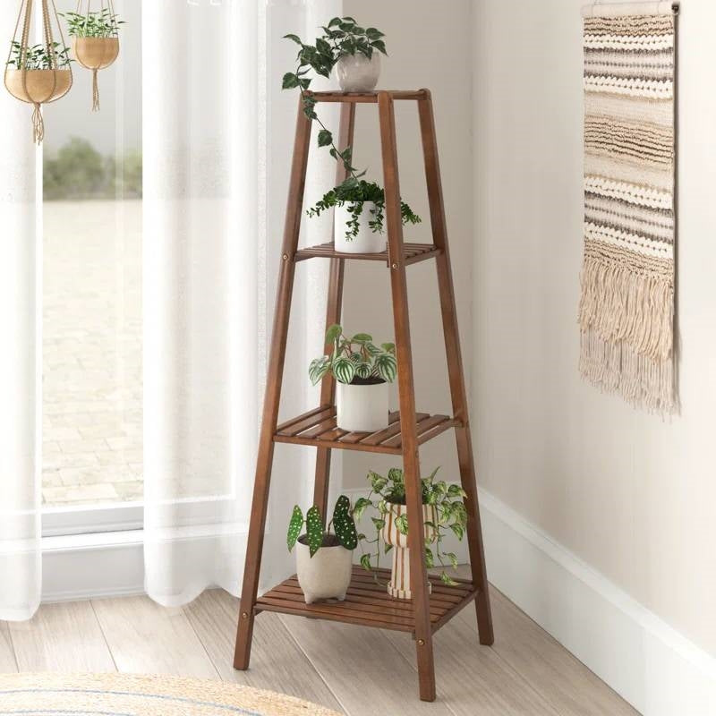 Modern Boho Wooden 4-Shelf Pyramidal Plant Stand-0