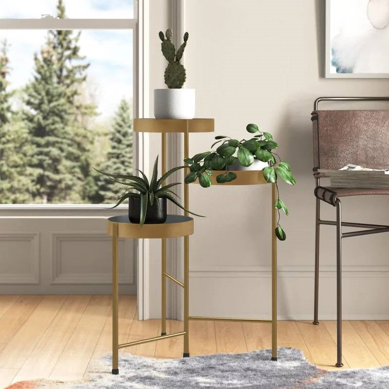 Modern Gold Grey Metal 3-Tier Flower Pot Plant Stand-0
