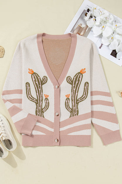 Apricot Western Desert Cactus Print Plus Size Button Cardigan Sweater