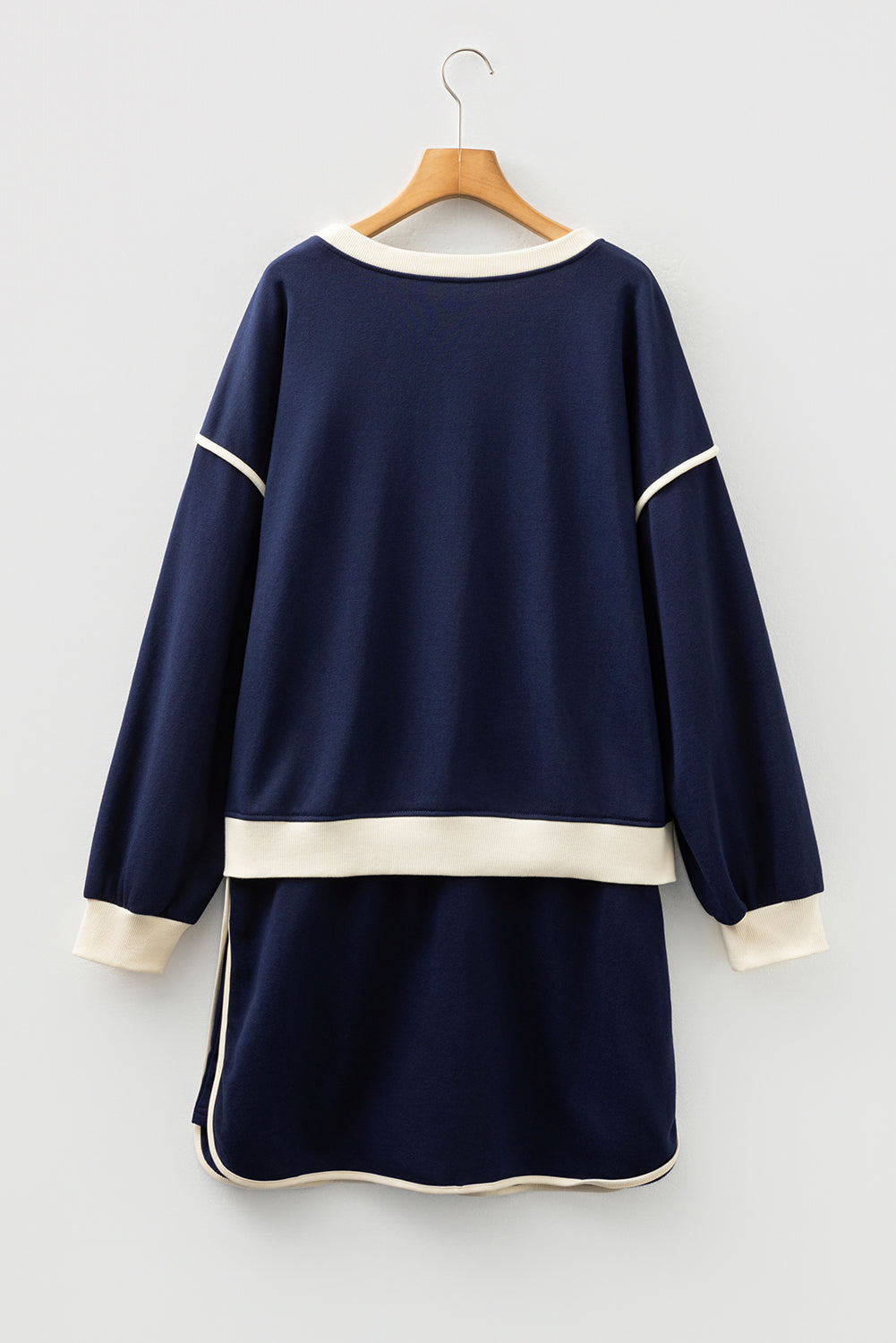 Navy Blue Plus Color Block Drop Shoulder Top and Lace-up Skirt Outfit