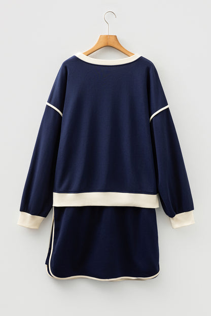 Navy Blue Plus Color Block Drop Shoulder Top and Lace-up Skirt Outfit